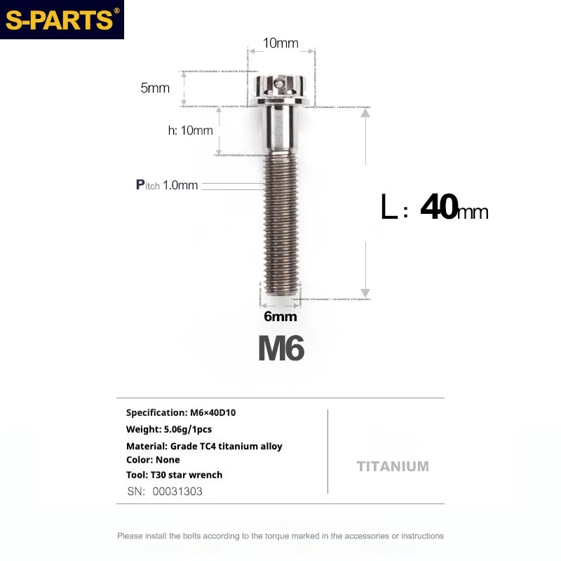 S-PARTS A3 M6 Titanium Bolts — 8–120mm — Titanium Finish — L40mm