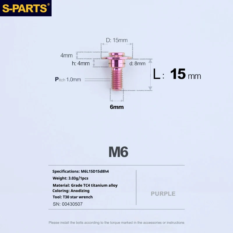 S-PARTS A3 M6 Umbrella Head Step Bolts — Purple — 36 Specifications — L15 D15 step screws D8 H4