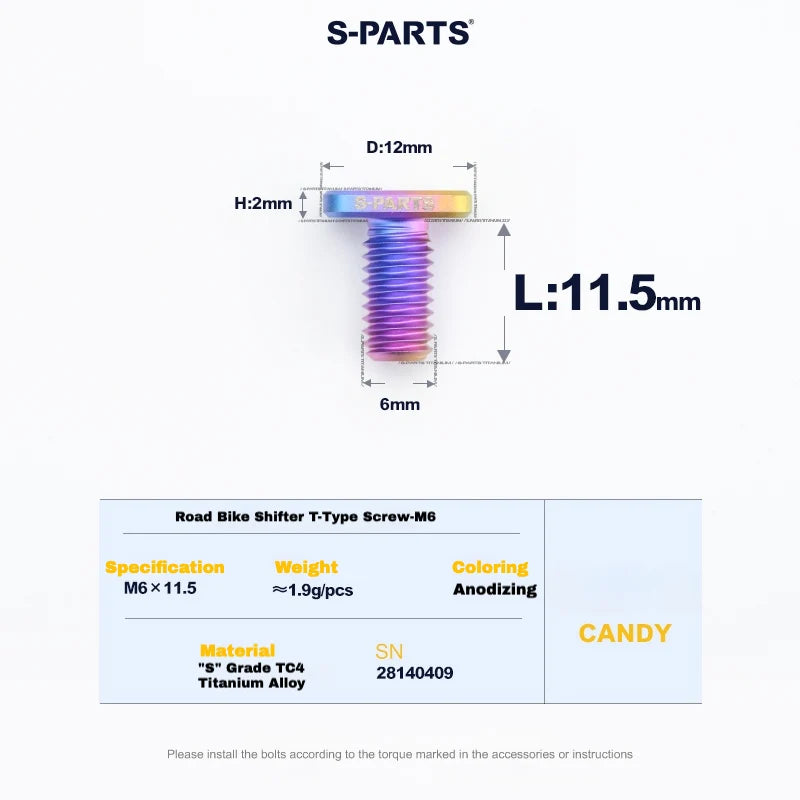S-PARTS M6 Titanium Road Shifter Clamp Bolt & Nut — Shimano / SRAM — Bolt (M6x11.5mm) / Candy