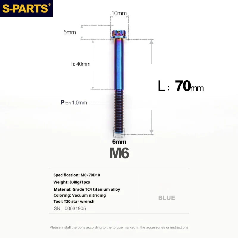 S-PARTS A3 M6 Titanium Bolts — 8–120mm — Blue — L70mm