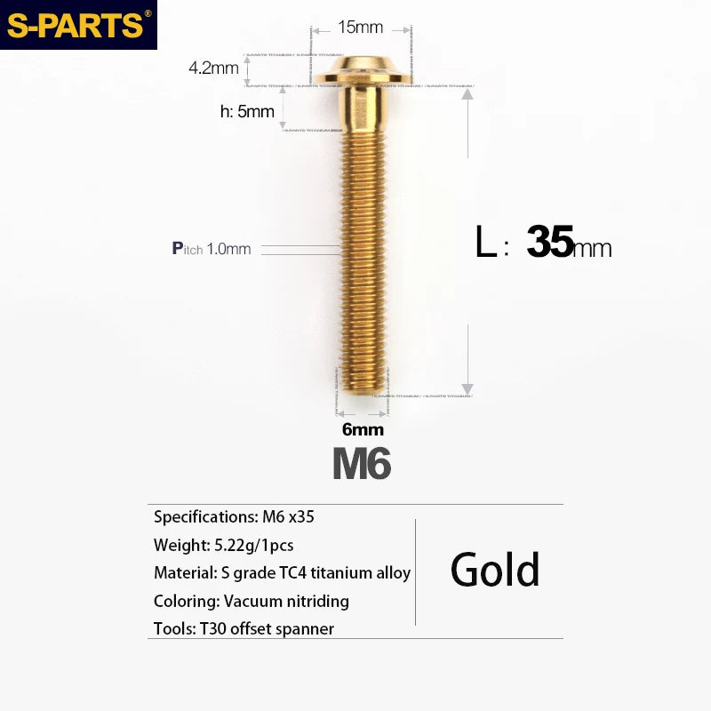 S-PARTS A3 D15 M6 Umbrella Head Titanium Bolts — 8–40mm — M6×35mm / Gold