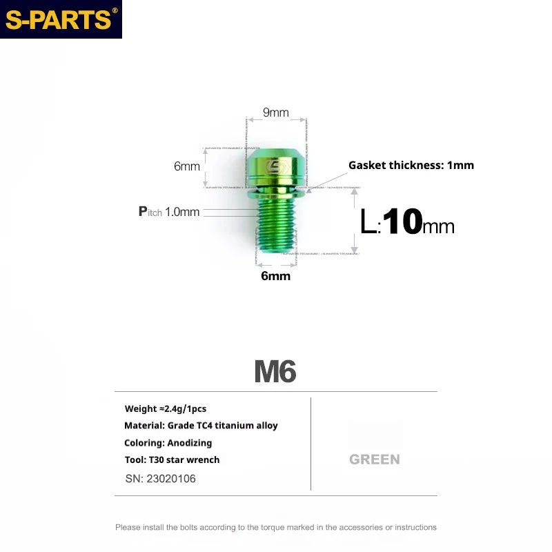 S-PARTS A2 M6 TC4 Titanium Bolts — 10–55mm — Multiple Colors — L10mm / Green