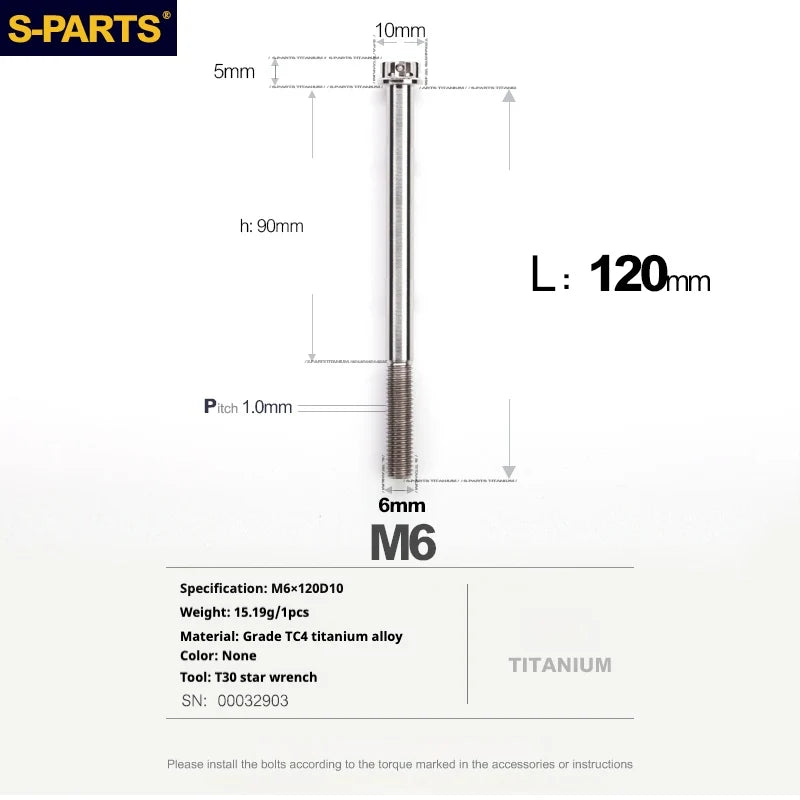 S-PARTS A3 M6 Titanium Bolts — 8–120mm — Titanium Finish — L120mm
