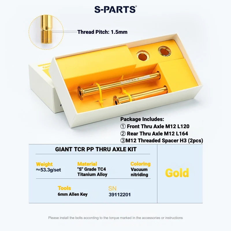 S-PARTS Titanium Quick Release Thru Axle for Giant Road Bikes — Lightweight TC4 Titanium — GIANT TCR PP Thru Axle Kit / Gold