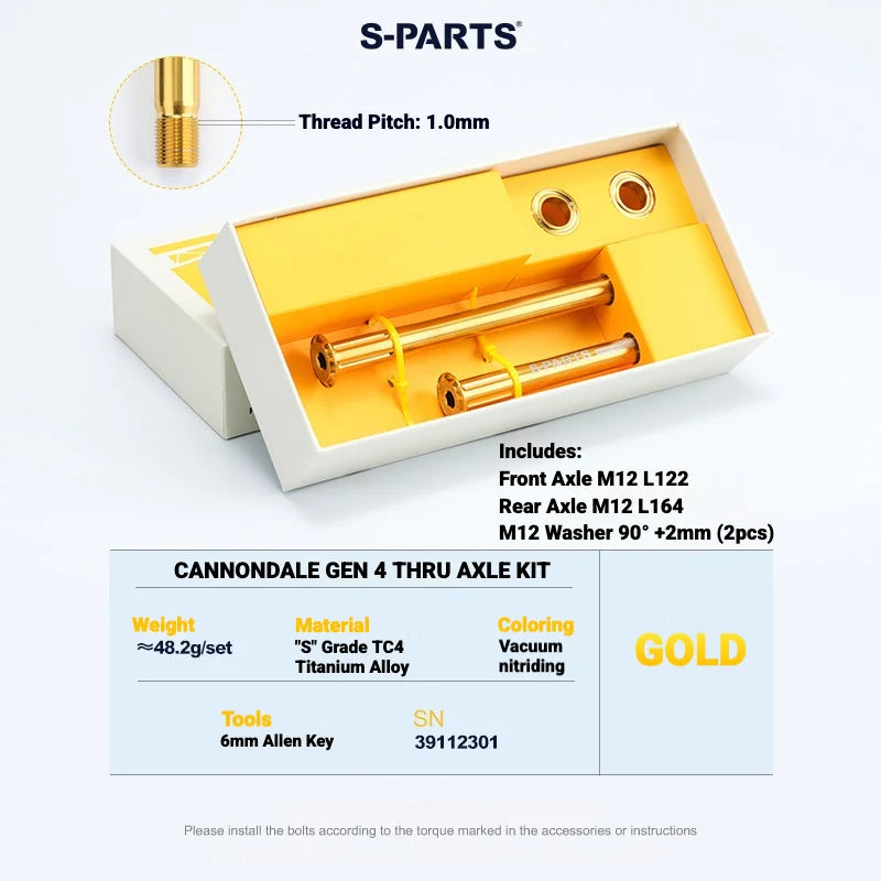 S-PARTS Titanium Thru Axle Set — TC4 Lightweight CNC Wheel Axle Upgrade for Road — CANNONDALE GEN 4 THRU AXLE KIT / Gold