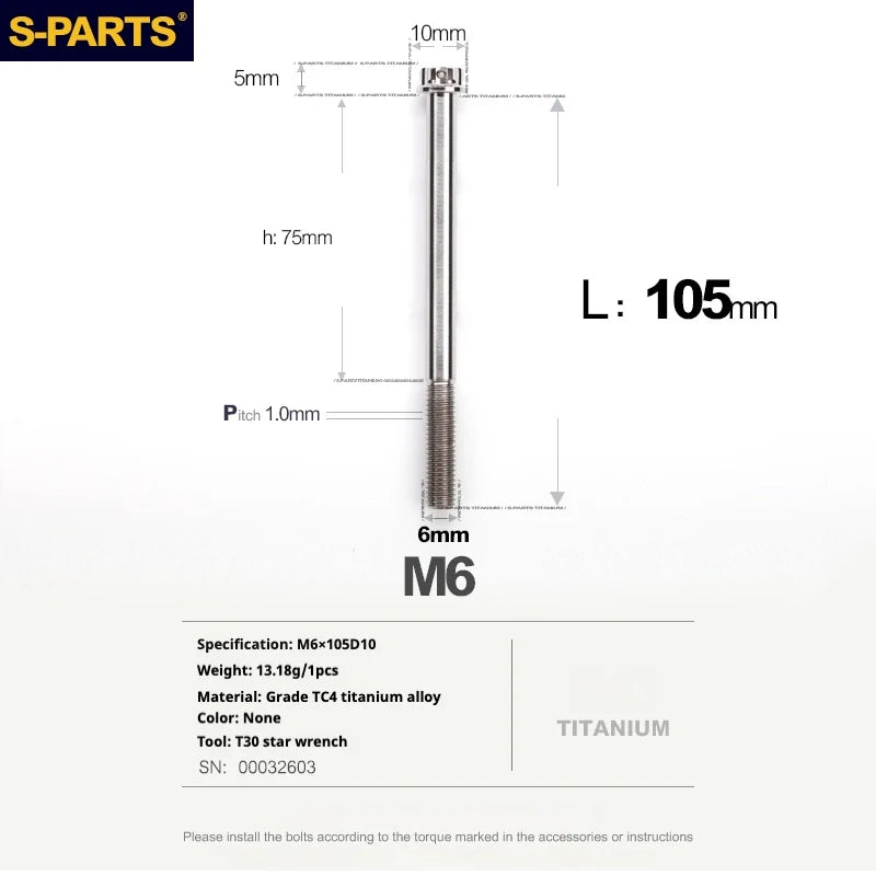 S-PARTS A3 M6 Titanium Bolts — 8–120mm — Titanium Finish — L105mm