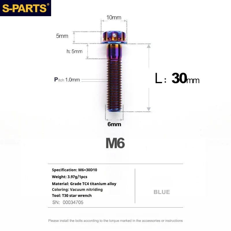 S-PARTS A3 M6 Titanium Bolts — 8–120mm — Blue — L30mm semi-threaded 25mm