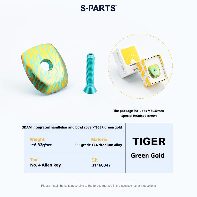 S-PARTS Titanium Specialized SL9/SL8/SL7/SL6 ROVAL One-Piece Handlebar Top Cap — TIGER Green Gold