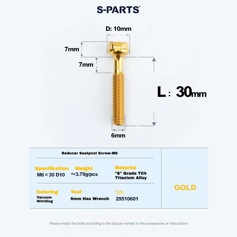 S-PARTS M6 Titanium Seatpost Step-Down Bolt & Nut Kit — 22 / 30 / 35 / 40mm — Gold / 30mm