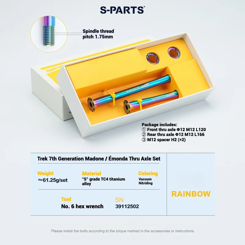 S-PARTS Titanium Thru Axle Set for Trek Madone Gen 7 / Émonda – Front & Rear (Lever Not Included) — Rainbow