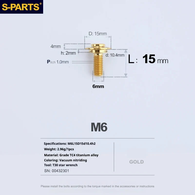 S-PARTS A3 M6 Umbrella Head Step Bolts — Gold — 36 Specifications — L15 D15 step screws D10.4 H2