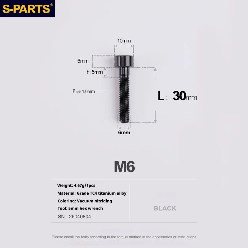 S-PARTS M6 Titanium Stem & Caliper Bolts — 30–70mm — 5mm Hex — L30mm / Black