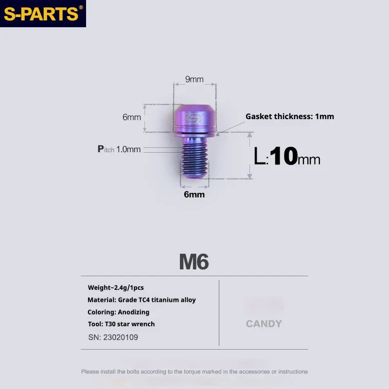 S-PARTS A2 M6 TC4 Titanium Bolts — 10–55mm — Multiple Colors — L10mm / Candy