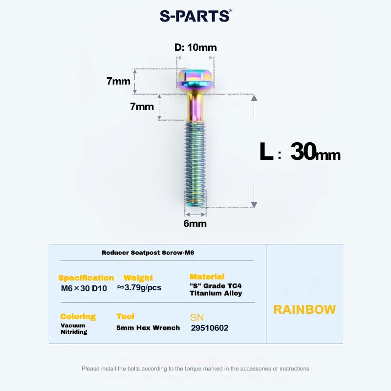 S-PARTS M6 Titanium Seatpost Step-Down Bolt & Nut Kit — 22 / 30 / 35 / 40mm — Rainbow / 30mm