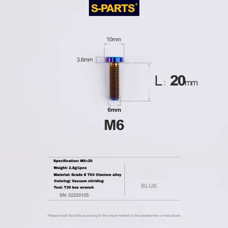 S-PARTS M6 Titanium Seatpost Wedge Bolt — Specialized SL6 / SL7 / SL8 / SL9 / Venge — Blue / M6X20