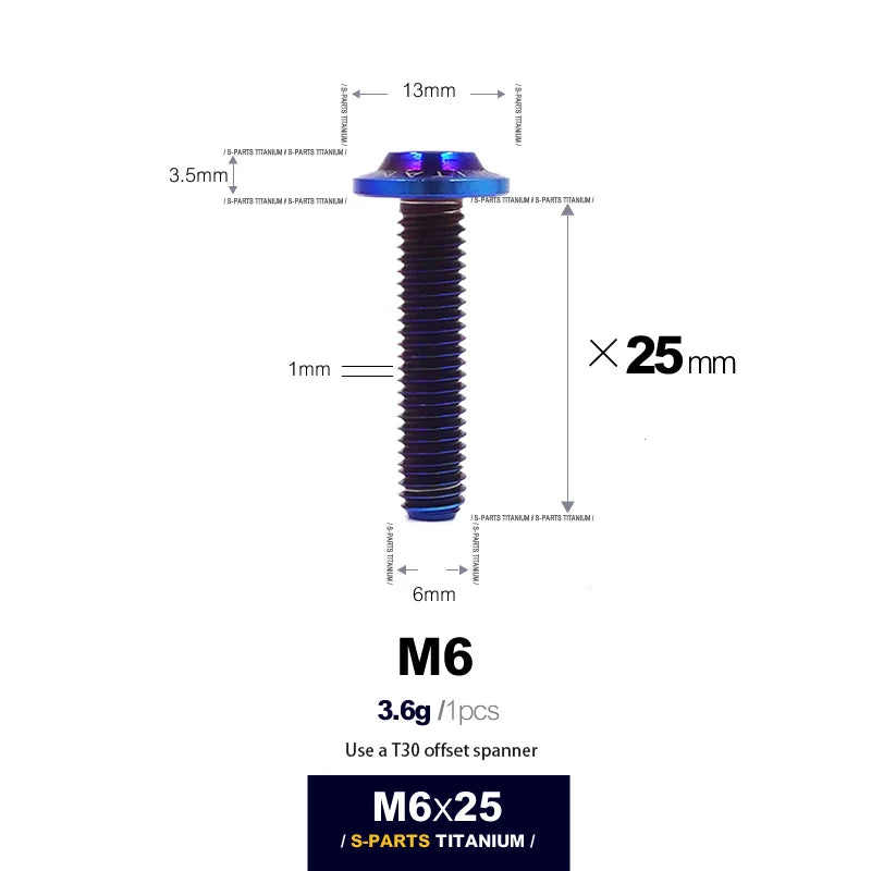 S-PARTS A3 D13 M6 Umbrella Head Titanium Bolts — 8–45mm — D13 M6×25mm / Blue