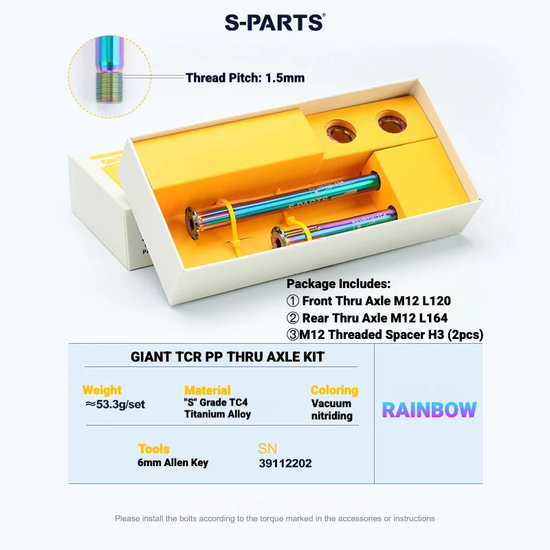 S-PARTS Titanium Quick Release Thru Axle for Giant Road Bikes — Lightweight TC4 — GIANT TCR PP Thru Axle Kit / Rainbow