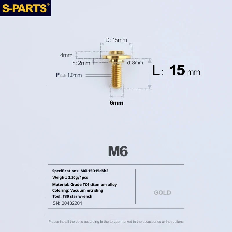 S-PARTS A3 M6 Umbrella Head Step Bolts — Gold — 36 Specifications — L15 D15 step screws D8 H2