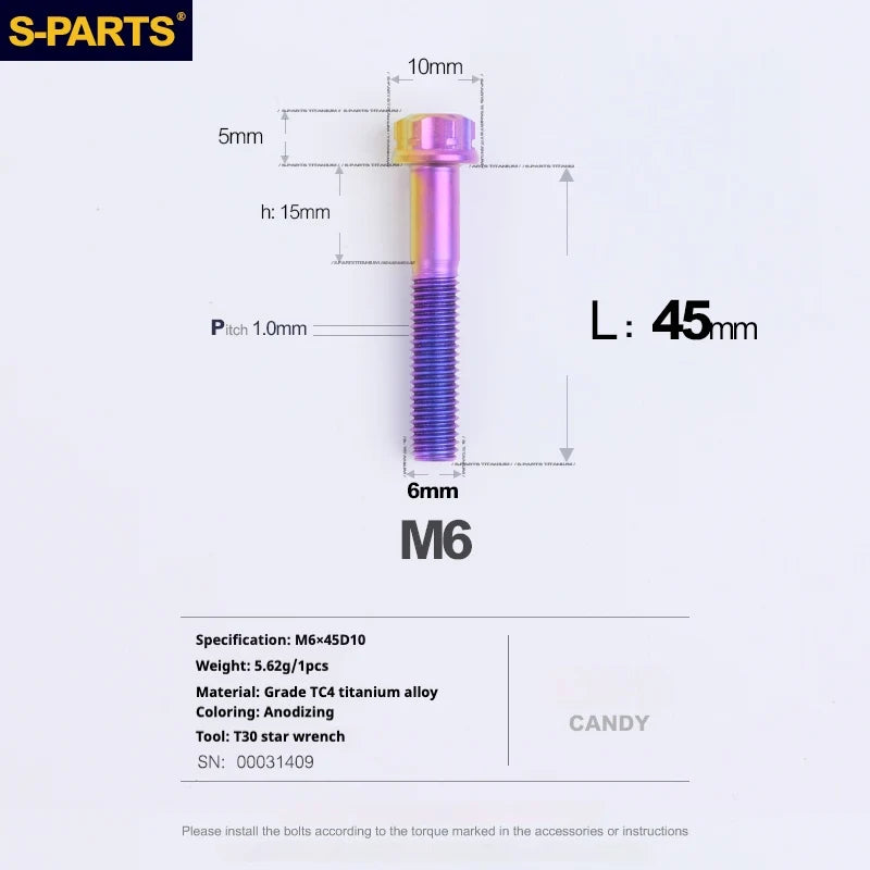 S-PARTS A3 M6 Titanium Bolts — 8–120mm — Candy — L45mm
