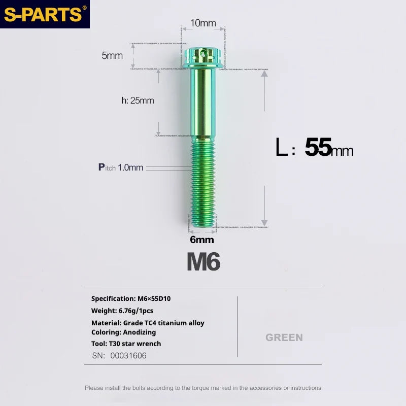 S-PARTS A3 M6 Titanium Bolts — 8–120mm — Green — L55mm