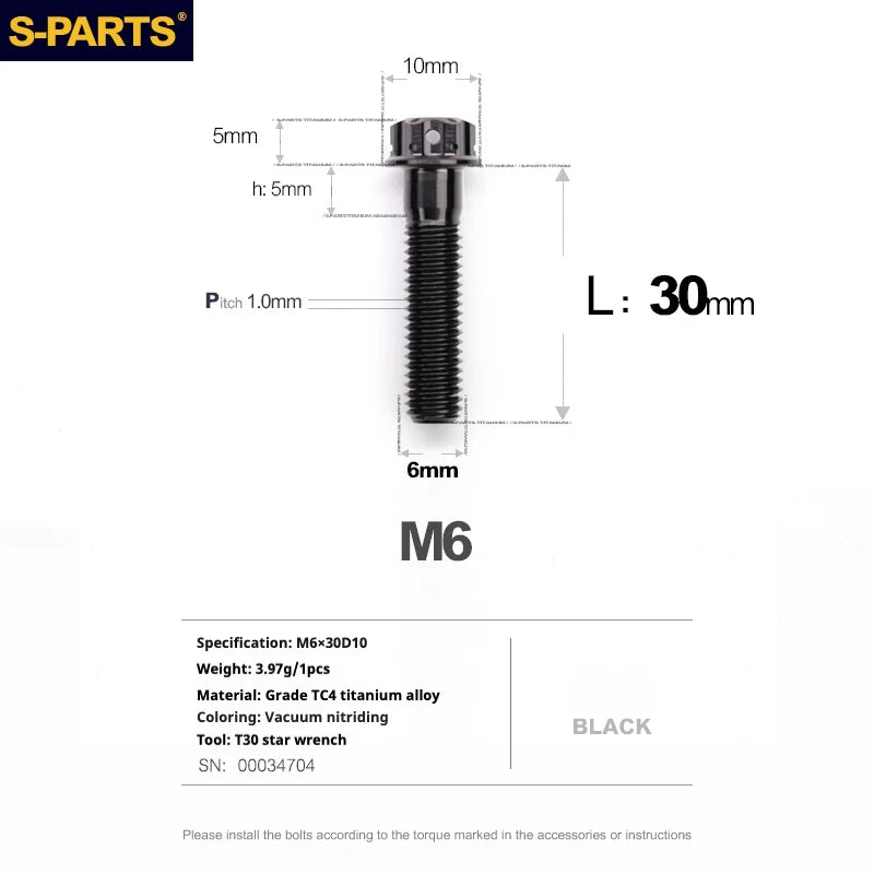 S-PARTS A3 M6 Titanium Bolts — 8–120mm — Black — L30mm semi-threaded 25mm
