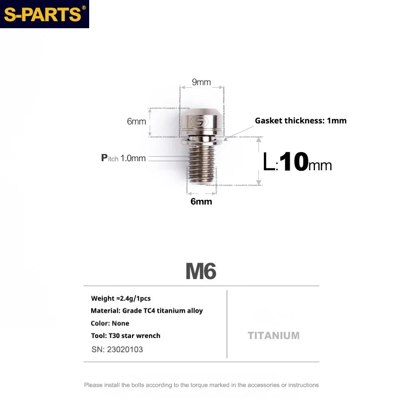 S-PARTS A2 M6 TC4 Titanium Bolts — 10–55mm — Multiple Colors — L10mm