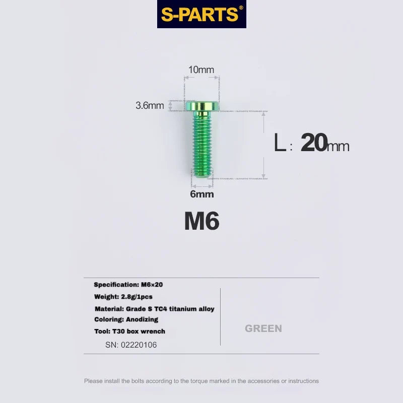 S-PARTS M6 Titanium Seatpost Wedge Bolt — Specialized SL6 / SL7 / SL8 / SL9 / Venge — Green / M6X20