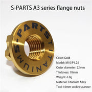 S-PARTS A3 Titanium Flange Nuts — M5 / M6 / M8 / M10 / M12 — M10 P1.25 / Gold