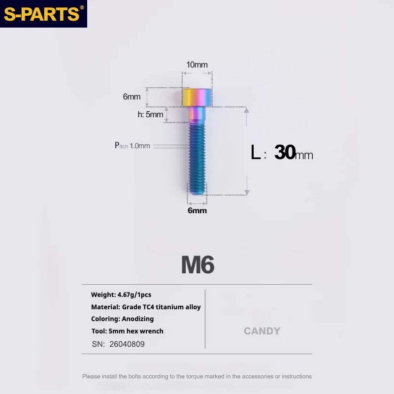 S-PARTS M6 Titanium Stem & Caliper Bolts — 30–70mm — 5mm Hex — L30mm / Candy