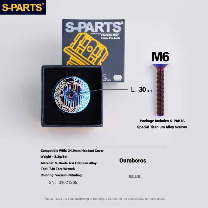 S-PARTS Titanium OD2 34.9 mm Laser Headset Cap — CNC Machined — Multiple Designs Available — Ouroboros (Set) Blue