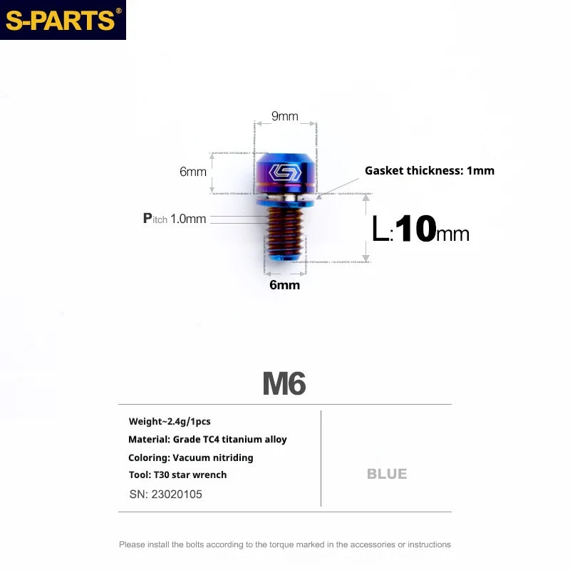 S-PARTS A2 M6 TC4 Titanium Bolts — 10–55mm — Multiple Colors — L10mm / Blue