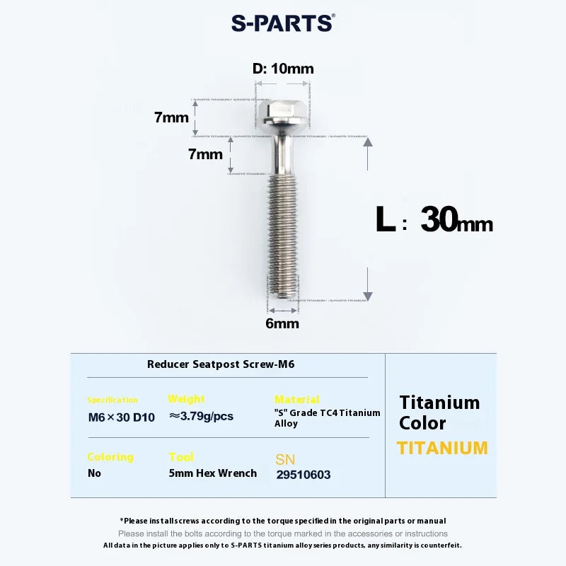 S-PARTS M6 Titanium Seatpost Step-Down Bolt & Nut Kit — 22 / 30 / 35 / 40mm — 30mm