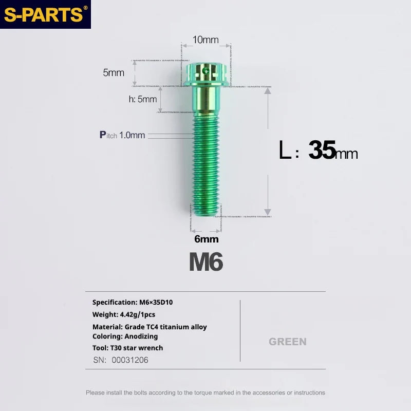 S-PARTS A3 M6 Titanium Bolts — 8–120mm — Green — L35mm