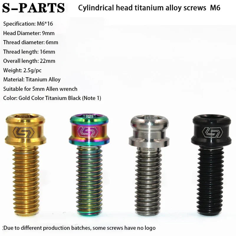 S-PARTS M6 Cylindrical Head Titanium Bolts — 10–25mm