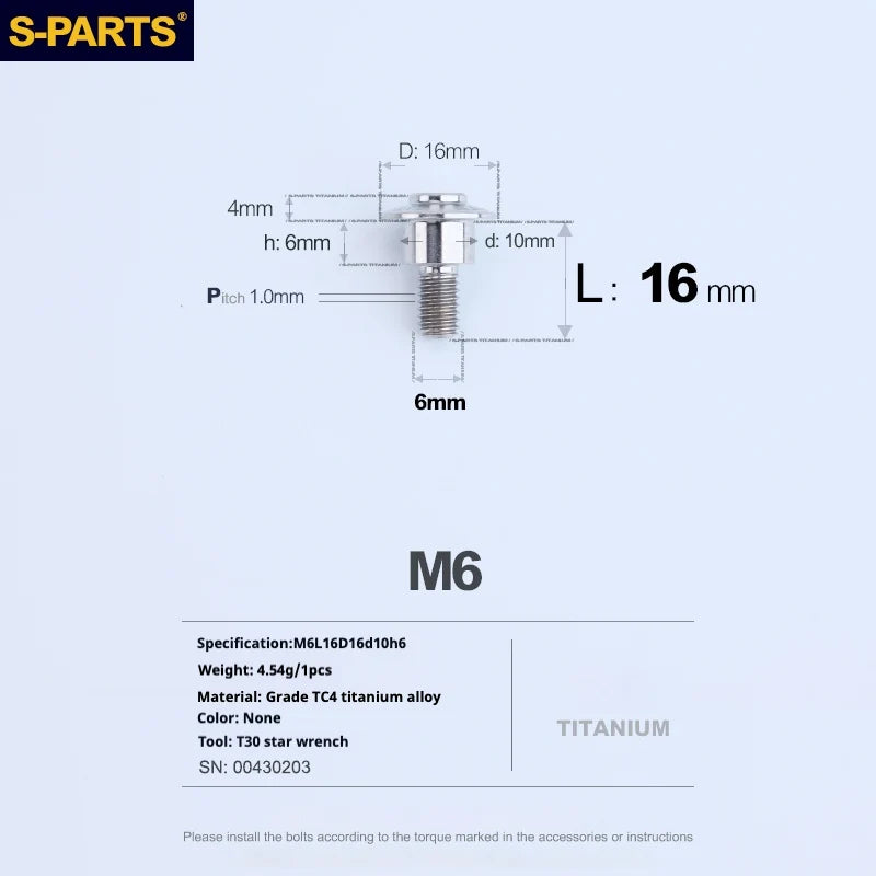 S-PARTS A3 M6 Umbrella Head Step Bolts — Titanium — 36 Specifications — L16 D16 step screws D10 H6