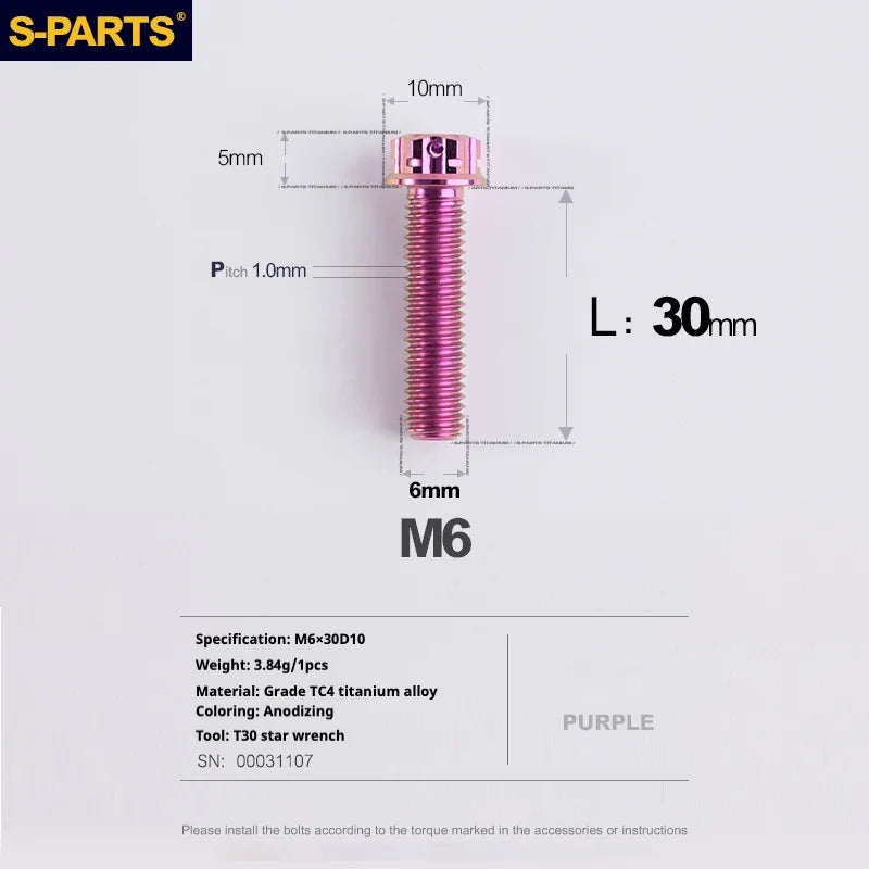 S-PARTS A3 M6 Titanium Bolts — 8–120mm — Purple — L30mm