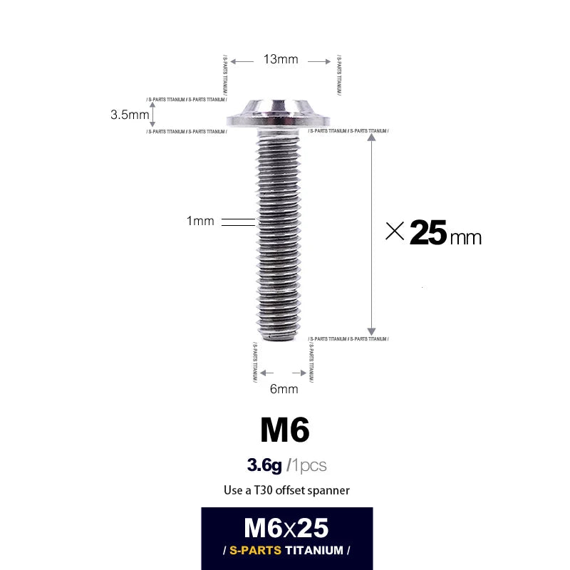 S-PARTS A3 D13 M6 Umbrella Head Titanium Bolts — 8–45mm — D13 M6×25mm