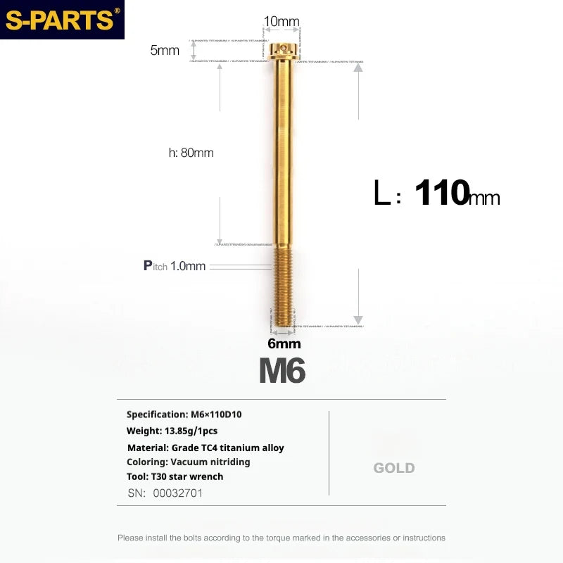 S-PARTS A3 M6 Titanium Bolts — 8–120mm — Gold — L110mm