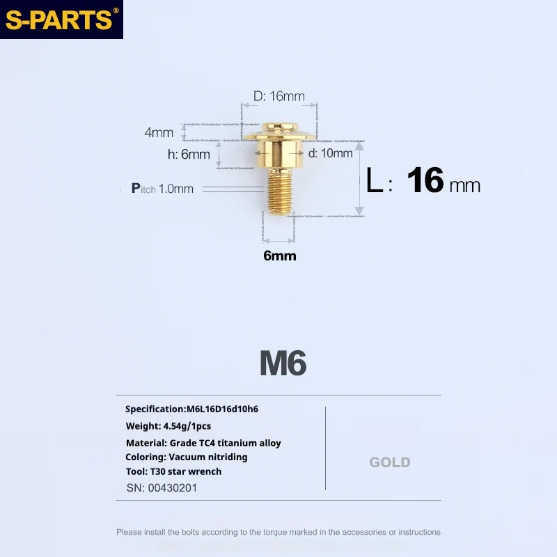 S-PARTS A3 M6 Umbrella Head Step Bolts — Gold — 36 Specifications — L16 D16 step screws D10 H6