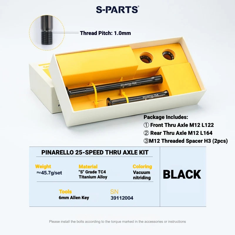 S-PARTS Titanium Quick Release Thru Axle for Pinarello Road Bikes — Lightweight — Standard SL 25 Pinarello Version / Black