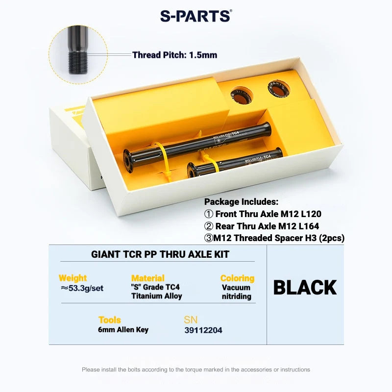 S-PARTS Titanium Quick Release Thru Axle for Giant Road Bikes — Lightweight TC4 — GIANT TCR PP Thru Axle Kit / Black