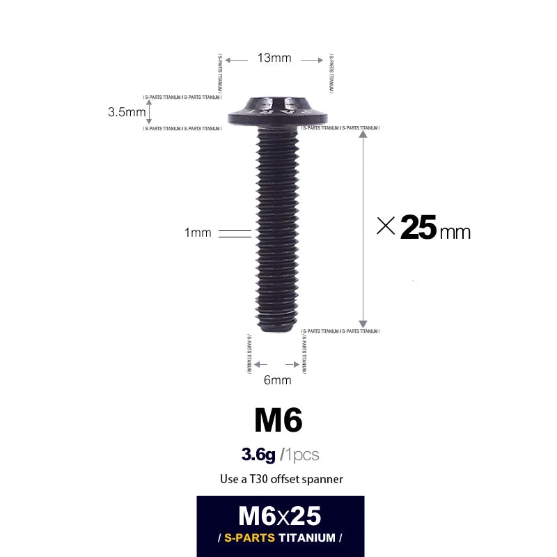 S-PARTS A3 D13 M6 Umbrella Head Titanium Bolts — 8–45mm — D13 M6×25mm / Black