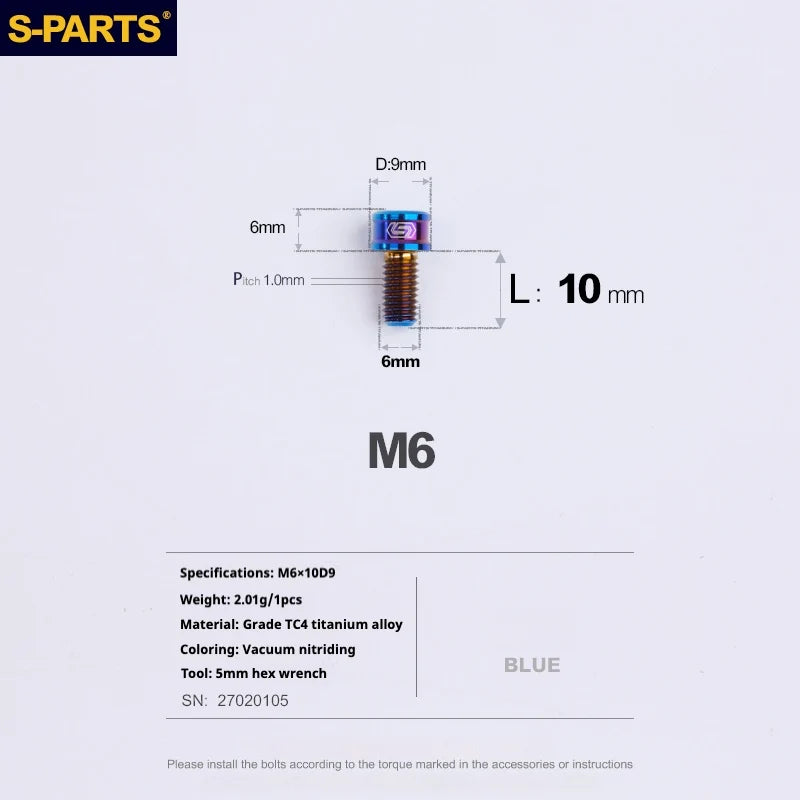 S-PARTS M6 Cylindrical Head Titanium Bolts — 10–25mm — M6×10mm / Blue