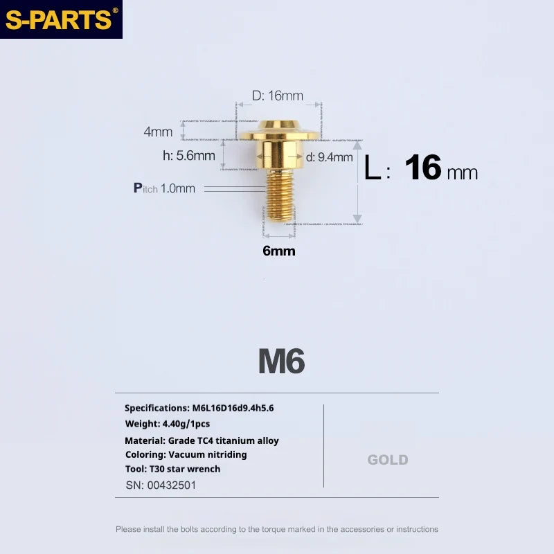 S-PARTS A3 M6 Umbrella Head Step Bolts — Gold — 36 Specifications — L16 D16 step screws D9.4 H5.6