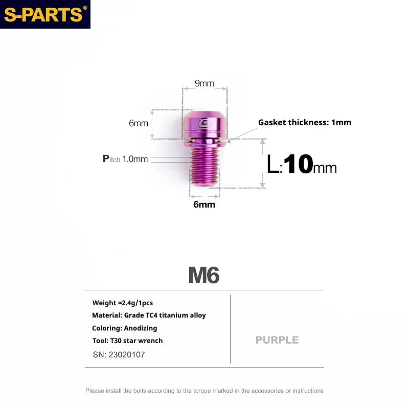 S-PARTS A2 M6 TC4 Titanium Bolts — 10–55mm — Multiple Colors — L10mm / Purple