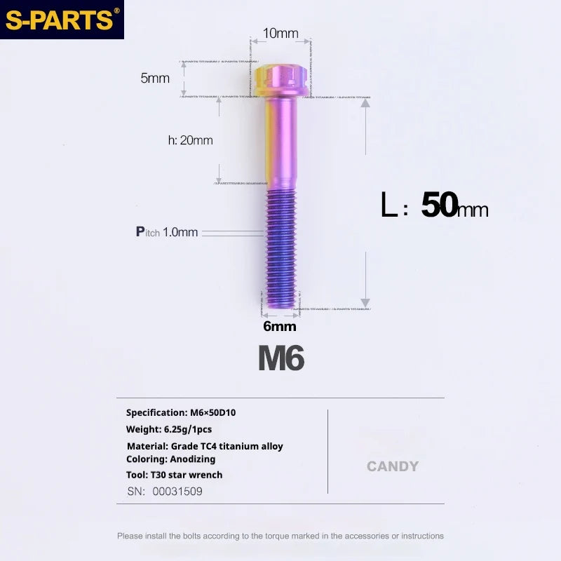 S-PARTS A3 M6 Titanium Bolts — 8–120mm — Candy — L50mm
