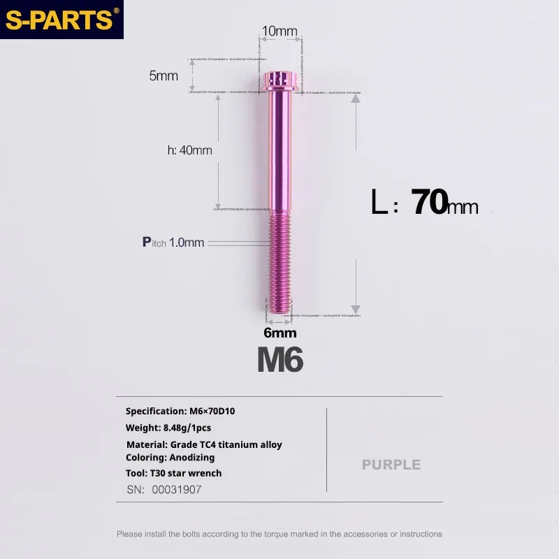 S-PARTS A3 M6 Titanium Bolts — 8–120mm — Purple — L70mm