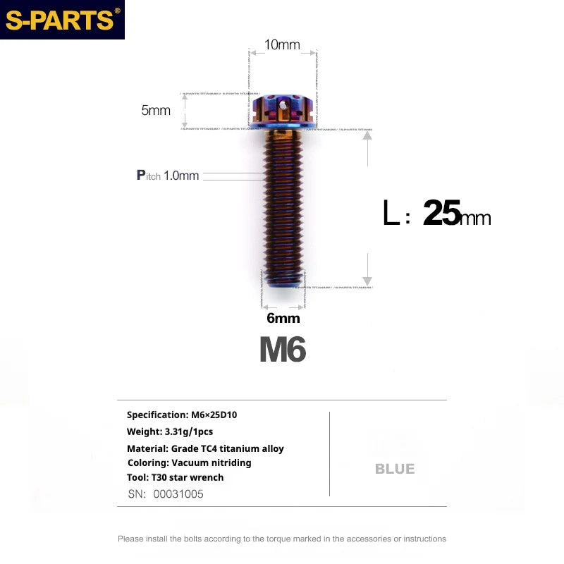 S-PARTS A3 M6 Titanium Bolts — 8–120mm — Blue — L25mm