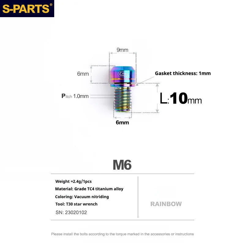 S-PARTS A2 M6 TC4 Titanium Bolts — 10–55mm — Multiple Colors — L10mm / Rainbow