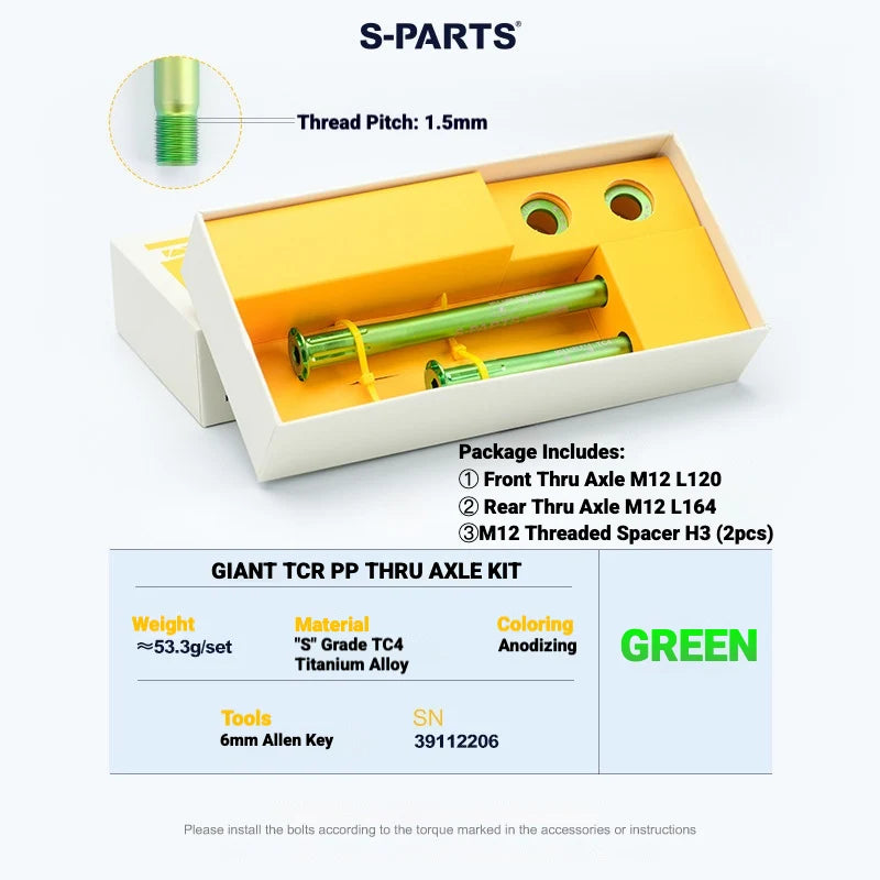 S-PARTS Titanium Quick Release Thru Axle for Giant Road Bikes — Lightweight TC4 — GIANT TCR PP Thru Axle Kit / Green